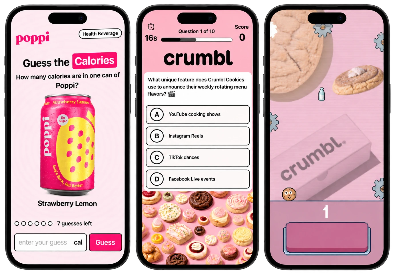 Three phones showing branded mobile games: a Hunchy calories guessing game for a Poppi drink, a branded memory game and a QuizBooth trivia question for Crumbl Cookies