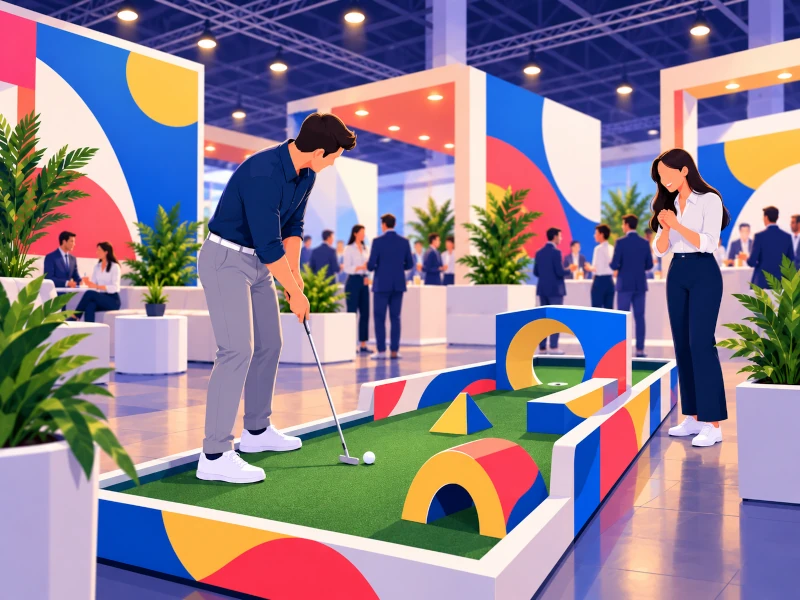 Guests putting on a portable mini-golf green with lit edges during a corporate event reception